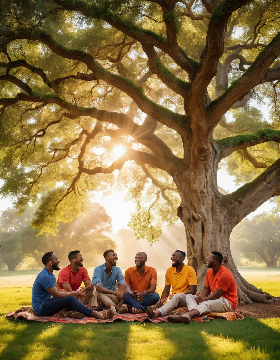 A serene landscape featuring a diverse group of men, joyfully collaborating and sharing laughter under a large oak tree, surrounded by vibrant nature. The men are dressed in casual, colorful attire, embodying camaraderie and happiness. In the background, sun rays break through the clouds, creating a warm and inviting atmosphere that symbolizes the joy of brotherhood. super-realistic. vibrant colors. peaceful setting.