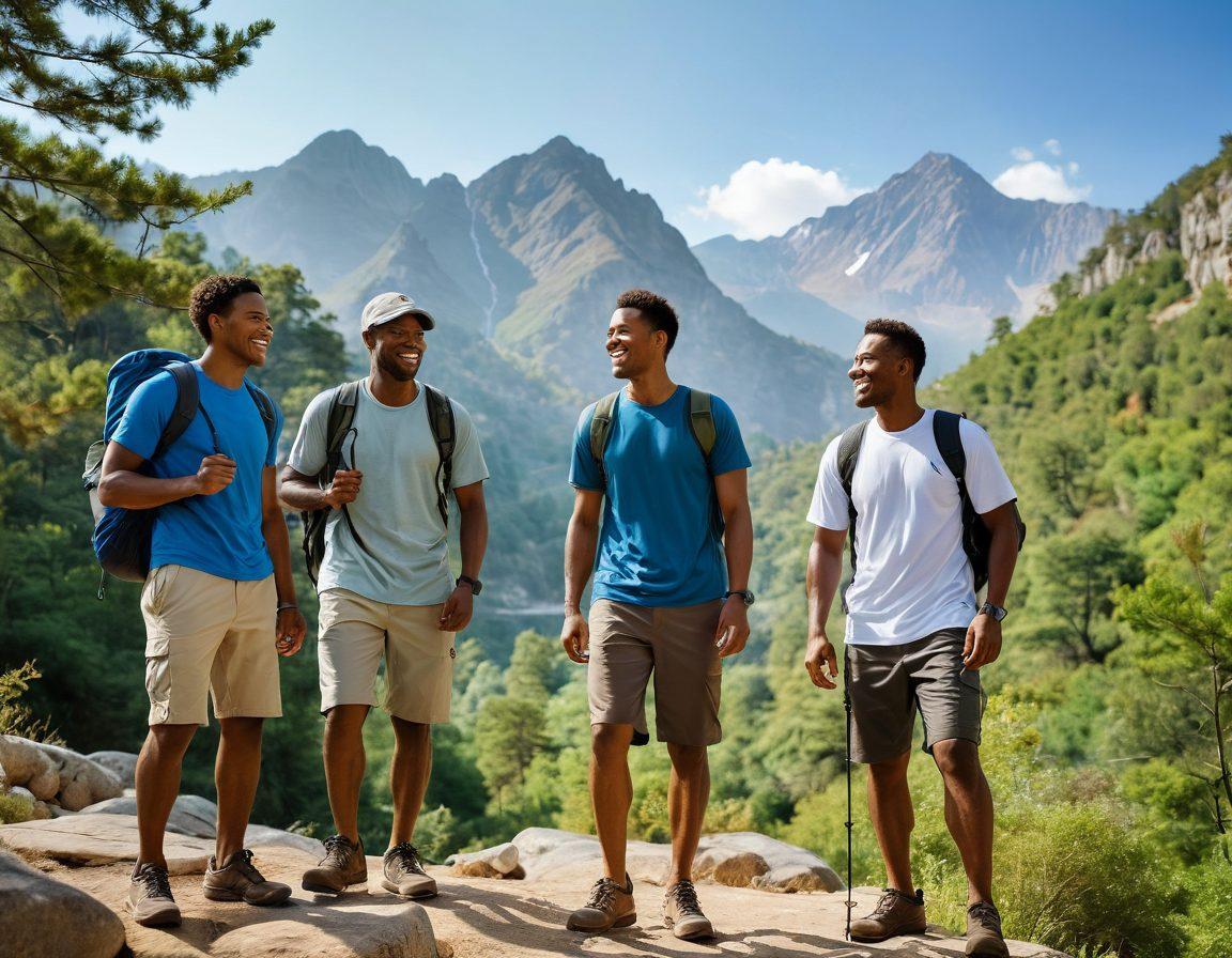 A group of diverse men joyfully engaged in outdoor activities, such as hiking, playing sports, and fishing, surrounded by nature's tranquility, symbolizing the strength of male friendship and bonding. Their expressions radiate happiness and camaraderie. Incorporate elements like mountains, a bright blue sky, and vibrant greenery to evoke a sense of adventure. super-realistic. vibrant colors. peaceful background.